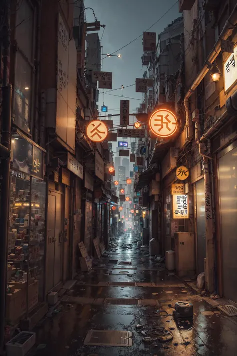 lonely narrow ally in Seoul, cyberpunk city from sci-fi movie, empty street, night, Korean, Korean signs, old shops, cozy, circuit boards, wires, intricate, hyper-detailed, realistic, ultra-realistic, high quality, best, ultra detail, crazy detail, extremely detailed, photo realism, 8k