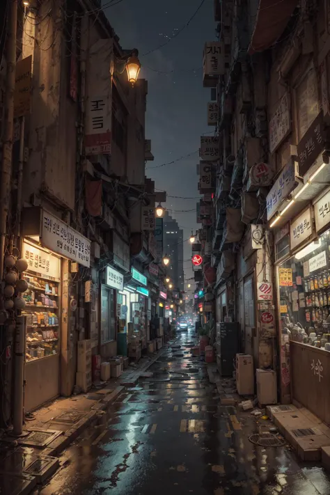 lonely narrow ally in Seoul, cyberpunk city from sci-fi movie, empty street, night, Korean, Korean signs, old shops, cozy, circuit boards, wires, intricate, hyper-detailed, realistic, ultra-realistic, high quality, best, ultra detail, crazy detail, extremely detailed, photo realism, 8k
