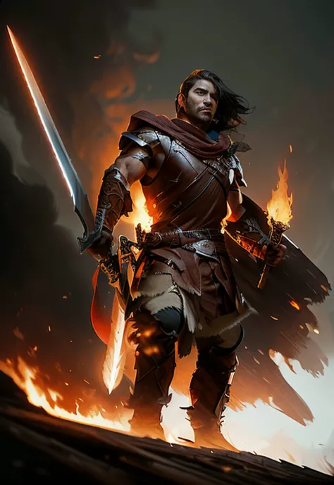 masterpiece, best quality, brown leather, human warrior, sword, torch, detailed, illustration, by greg rutkowski, burning forest background, burning, battle, in battle, octane render