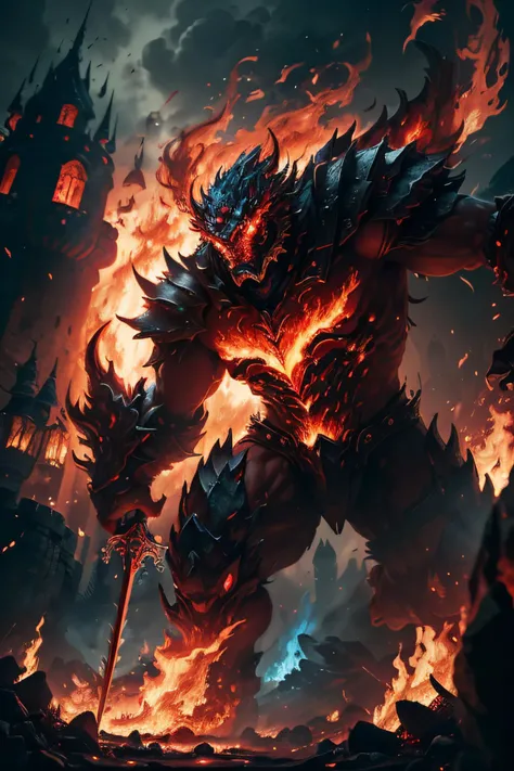(8k, RAW photo, best quality, masterpiece:1.2), (realistic, photo-realistic:1.37), octane render, ultra high res, ultra-detailed ,professional lighting, photon mapping, radiosity, physically-based rendering, ue5, ((earth giant monster)), ((red glowing ember on giant's body)), ((red eyes)), ((holding flaming sword)), ((burning castle)), ((flaming wings))