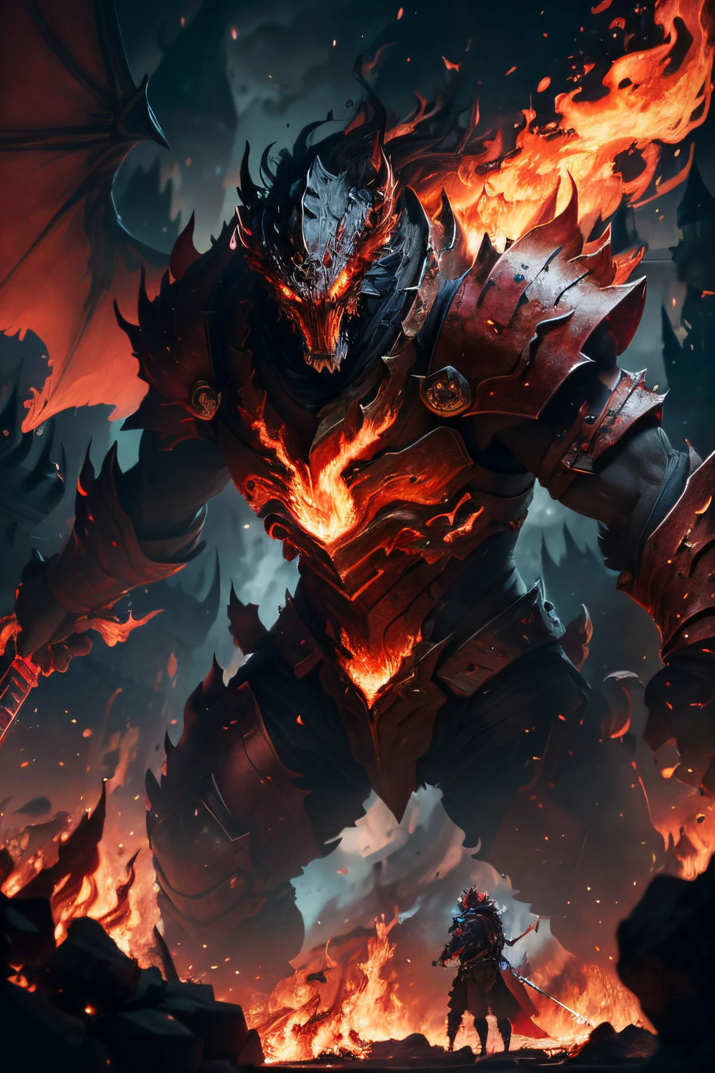(8k, RAW photo, best quality, masterpiece:1.2), (realistic, photo-realistic:1.37), octane render, ultra high res, ultra-detailed ,professional lighting, photon mapping, radiosity, physically-based rendering, ue5, ((earth giant monster)), ((red glowing ember on giant's body)), ((red eyes)), ((holding flaming sword)), ((burning castle)), ((flaming wings))