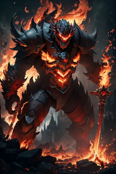 (8k, RAW photo, best quality, masterpiece:1.2), (realistic, photo-realistic:1.37), octane render, ultra high res, ultra-detailed ,professional lighting, photon mapping, radiosity, physically-based rendering, ue5, ((earth giant monster)), ((red glowing ember on giant's body)), ((red eyes)), ((holding flaming sword)), ((burning castle)), ((flaming wings))