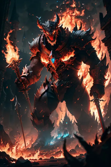(8k, RAW photo, best quality, masterpiece:1.2), (realistic, photo-realistic:1.37), octane render, ultra high res, ultra-detailed ,professional lighting, photon mapping, radiosity, physically-based rendering, ue5, ((earth giant monster)), ((red glowing ember on giant's body)), ((red eyes)), ((holding flaming sword)), ((burning castle)), ((flaming wings))