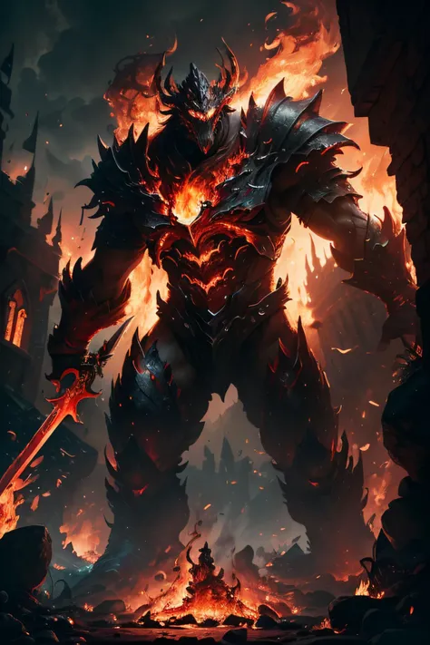 (8k, RAW photo, best quality, masterpiece:1.2), (realistic, photo-realistic:1.37), octane render, ultra high res, ultra-detailed ,professional lighting, photon mapping, radiosity, physically-based rendering, ue5, ((earth giant monster)), ((red glowing ember on giant's body)), ((red eyes)), ((holding flaming sword)), ((burning castle)), ((flaming wings))