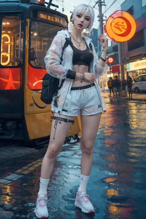 (masterpiece:1.0), (best quality:1.0),[:(detailed face:1.2):0.2] ,rim lighting, two tone lighting, low key
((perfect female figure)), beautiful, handsome face, delicate patterns, intricate details, skin indentations, abs, painted graffiti tattoos, full body
1 girl, breasts, white hair, belly button, sneakers, socks, tactical undershirt, transparent, transparent raincoat, technical wear jacket and shorts with buckle and tape
giant advertising screens, Japanese, trams, crowds, rain, sidewalks, fiber, carbon, plastic, delicate (headphones, bracelets, arm bands, earrings, backpacks, simple necklaces, rings)
<lora:fashionGirl_v50:0.8><lora:LuisapBladerunner2049_v1:0.2> <lora:urbanSamuraiClothing_urbansamuraiV03:0.35> <lora:epiNoiseoffset_v2:1> <lora:hipoly3DModelLora_v20:0.55> <lora:breastinclassBetter_v141:0.35> <lora:cuteGirlMix4_v10:0.1> <lora:wetTShirtLORA_10:0.1>（ulzzang-6500：1.2）