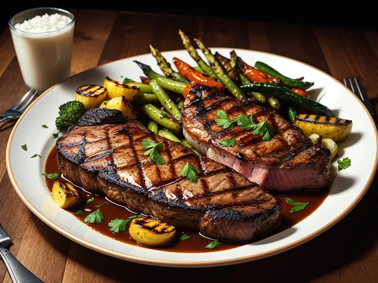 grilled dragon steak served with a side of roasted vegetables, (intricate details:1.12), hdr, (intricate details, hyperdetailed:1.15)