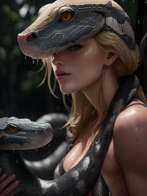 (professional action photography of a gorgeous female snake handler:1.15), (anaconda:1.3), (cuddling with snake:1.4), (posing with snake:1.4), (snake companion:1.3), (friends with snake:1.4), (playing with snake:1.2), (snake head:1.3), (large pet snake:1.35), (highly detailed face and eyes:1.15), (pretty face:1.15), highly detailed hair, (green_eyes:1.2), long blonde ponytail hairstyle, very pale skin, plump lips, attractive features, delicate chin, (best quality, masterpiece, RAW photo, 8k:1.2), (intricate detail, highly detailed, insane detail:1.2), (natural lighting, dark shadows, soft sunlight:1.2), (rain, rainy, downpour:1.3), (wet face, wet hair, wet skin:1.3), (outside, overcast sky, primordial swamp scenery:1.15), solo, 1girl, fantasy style, concept art, sharp focus, bokeh, (ultra high res, ultra high resolution:1.2), (photorealistic, ultra-realistic, hyper-realistic:1.2), soft contour, specular map textures, professional photography, fine-art photography, rule of thirds, macro photography, HDR, Chiaroscuro, unreal engine 5, ue5, trending on artstation, award winning, (centered, wide angle, close up, panoramic, focus on upper body, straight on view:1.2)