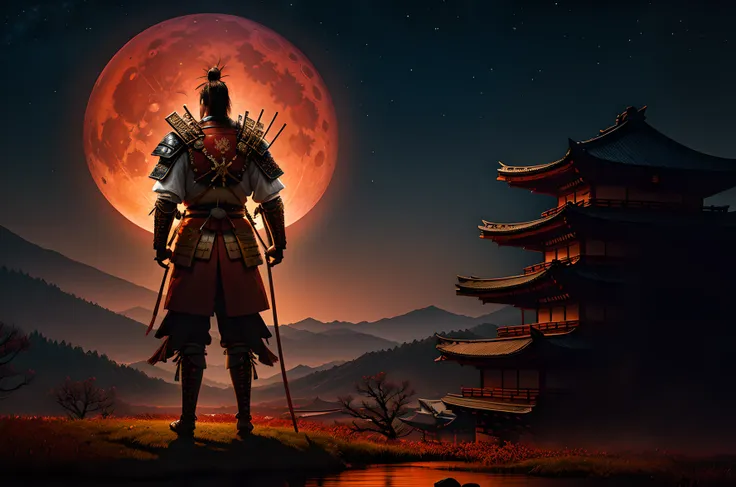 Photographer's masterpiece, epic detail, full body back view of a Japanese samurai, huge red moon, landscape background, complex structure, 4K HD,