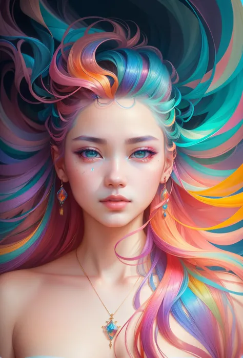 _james jean, floating female figure made of ribbons, smoke, in the sky, colorful and vibrant, mystical colors, contemporary impressionism, yanjun cheng portrait painting, iridescent painting, 3/4 perspective view, cute face, low angle, sweeping circling composition, large beautiful crystal eyes, big irises, UHD, HDR, 8K, (Masterpiece:1. 5), (the most beautiful portrait in the world:1.5)