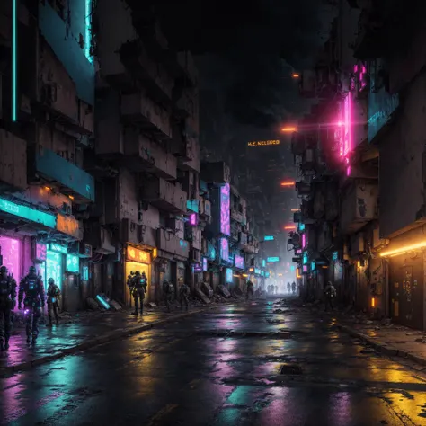 a cyberpunk city street that at the end of the street a nuclear bomb has exploded