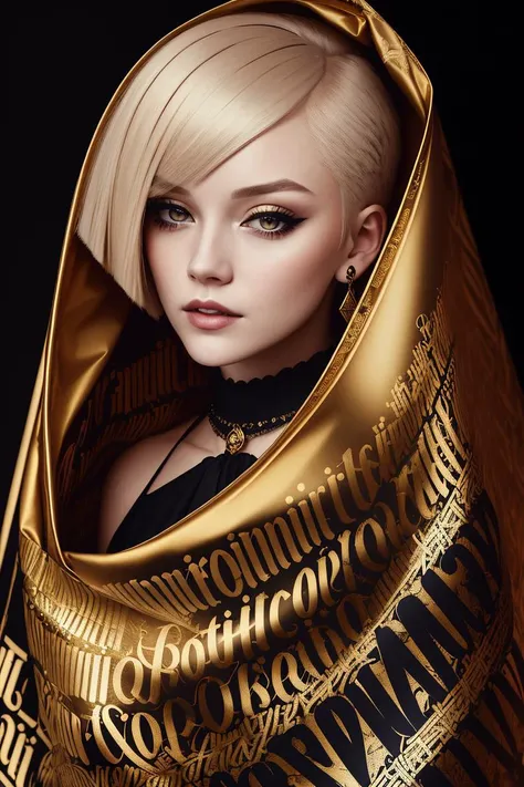 masterpiece, intricate calligraphy art, portrait of a cute college girl wrapped in gold foil supreme rescue blanket, gothic lettering, [redhead|blonde] bob haircut with bang, cute makeup, sweeping brush strokes, close up, outskirts, urban style, dynamic, windy, wide angle shot lettering, high fashion photography by Conor Harrington , dslr, dramatic light <lora:Calligraphy art v2:0.7>