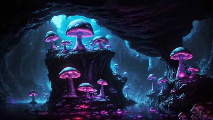 a big cave, spherical, round, (big glowing lake):1.8, no gravity, horror, dark setting, sparkles in the air, dark fog, lightning, grafiti, (skulls:1.1), (psychodelic:2), colorful, ((neon mushrooms)), gloomy mushrooms, radiant light, acid, LSD, beautiful, masterpiece, best quality, highres, 8k, (insanely detailed), <lora:add_detail:1.1>