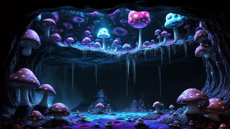 a big cave, spherical, round, (big glowing lake):1.8, no gravity, horror, dark setting, (sparkles in the air), dark (fog), lightning, grafiti, (skulls:1.1), (psychodelic:2), colorful, rgb, ((neon mushrooms)), gloomy mushrooms, radiant light, acid, LSD, beautiful, masterpiece, best quality, highres, 8k, (insanely detailed), <lora:add_detail:1.1>