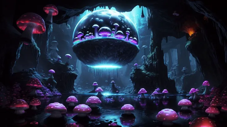 a big cave, spherical, round, (big glowing lake):1.8, no gravity, horror, dark setting, sparkle:1.233, dark fog, lightning, grafiti, (skulls:1.1), (psychodelic:2), colorful, rgb, ((neon mushrooms)), gloomy mushrooms, radiant light, acid, LSD, beautiful, masterpiece, best quality, highres, 8k, (insanely detailed), reflections:1.15, <lora:add_detail:1.1>