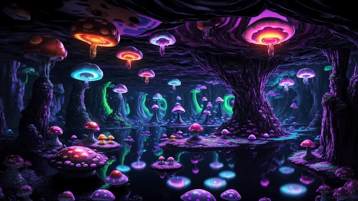 a big cave, spherical, round, (big glowing lake):1.8, no gravity, horror, dark setting, sparkle in the air, dark fog, lightning, grafiti, (skulls:1.1), (psychodelic:2), colorful, rgb, ((neon mushrooms)), gloomy mushrooms, radiant light, acid, LSD, beautiful, masterpiece, best quality, highres, 8k, (insanely detailed), reflections:1.15, <lora:add_detail:1.1>