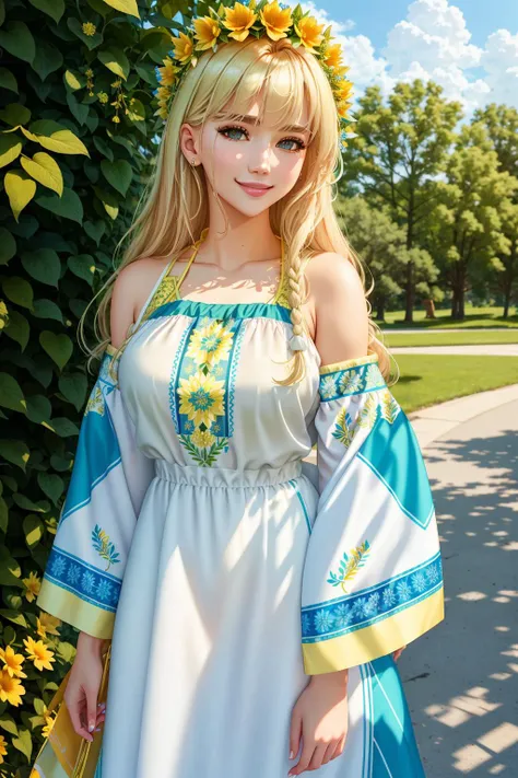 4K, Masterpiece, highres, absurdres,natural volumetric lighting and best shadows,highly detailed face, highly detailed facial features, smiling, edgVyshivanka, blonde woman in a white,blue,yellow,green,pruple,black dress and a flower crown ,wearing edgVyshivanka, edgVyshivanka_style_embroidery,floral embroidery, floral print<lora:edgVyshivanka:0.75> <lora:Nadia:0.55>