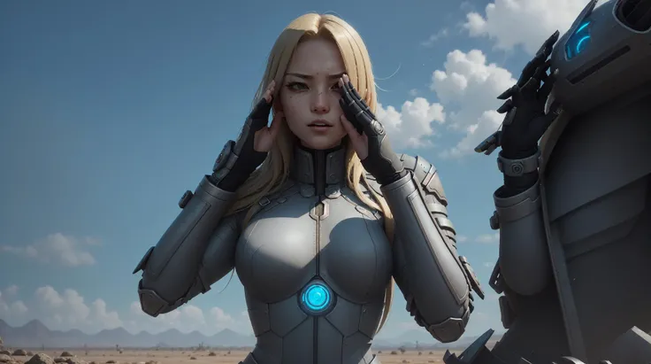 a woman in a futuristic suit holding her hands to her face, a sexy blonde warrior, in-game cinematic, speak no evil, pulling the move'derp banshee ', she is korean, in a wasteland, deathknight, saluting, jacqueline e, highres, she, lux <lora:breastinClass:0.5>