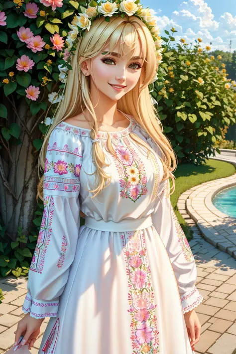 4K, Masterpiece, highres, absurdres,natural volumetric lighting and best shadows,highly detailed face, highly detailed facial features, smiling, edgVyshivanka, blonde Nadia in a white dress and a flower crown ,wearing edgVyshivanka, edgVyshivanka_style_embroidery,floral embroidery, floral print<lora:edgVyshivanka:1> <lora:Nadia:0.55>