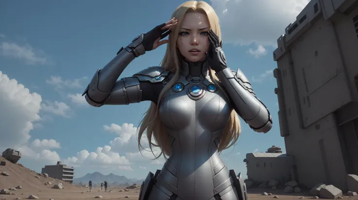 a woman in a futuristic suit holding her hands to her face, a sexy blonde warrior, in-game cinematic, speak no evil, pulling the move'derp banshee ', she is korean, in a wasteland, deathknight, saluting, jacqueline e, highres, she, lux <lora:breastinClass:0.5>