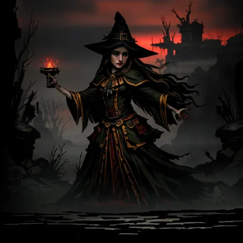 ddstyle
1 girl, adult (elven:0.7) woman, looking down, solo, detailed background, witch hat, witch, magical atmosphere, hair flowing in the wind, whirlwind of swirling magic spell in the air, dark magic, floating particles, desolate battlefield background, backlighting, fires
crimson court ,
darkest dungeon<lora:DarkestDungeonV2:0.8>