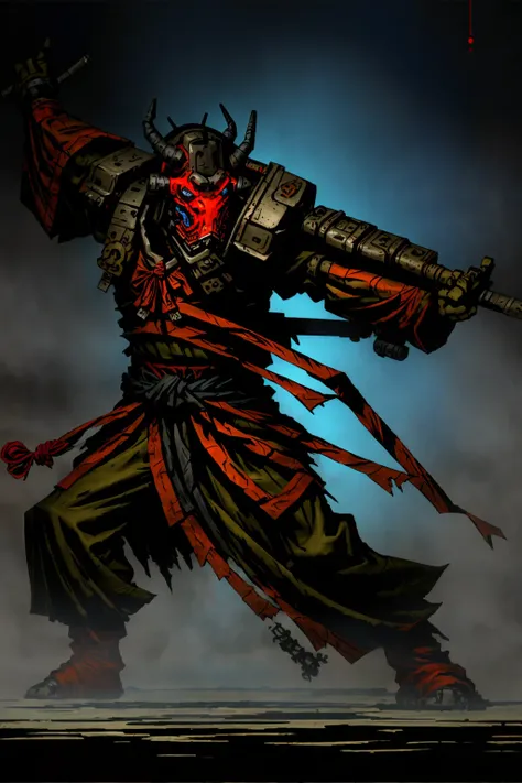 ddstyle close up shot,
1man, red oni mask, dynamic pose, cybernetic samurai armor, mechanical arms, science fiction, blue plastic , glowing mecha, japanese traditional style ,katana
, negative space, dynamic lighting, clear lines, high contrast, the warrens
darkest dungeon<lora:DarkestDungeonV2:0.8> <lora:add_detail:1>