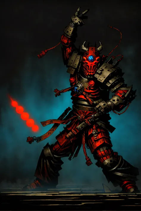 ddstyle close up shot,
1man, red oni mask, dynamic pose, cybernetic samurai armor, mechanical arms, science fiction, blue plastic , glowing mecha, japanese traditional style ,katana
, negative space, dynamic lighting, clear lines, high contrast,
darkest dungeon<lora:DarkestDungeonV2:0.8> <lora:add_detail:1>