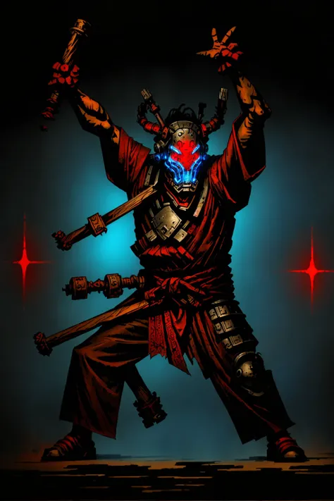 ddstyle close up shot,
1man, red oni mask, dynamic pose, cybernetic samurai armor, mechanical arms, science fiction, blue plastic , glowing mecha, japanese traditional style ,katana
, negative space, dynamic lighting, clear lines, high contrast,
darkest dungeon<lora:DarkestDungeonV2:0.8> <lora:add_detail:1>