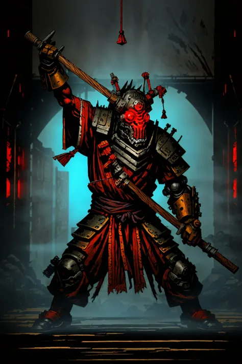 ddstyle close up shot,
1man, red oni mask, dynamic pose, cybernetic samurai armor, mechanical arms, science fiction, blue plastic , glowing mecha, japanese traditional style ,katana
, negative space, dynamic lighting, clear lines, high contrast,
darkest dungeon<lora:DarkestDungeonV2:0.8> <lora:add_detail:1>