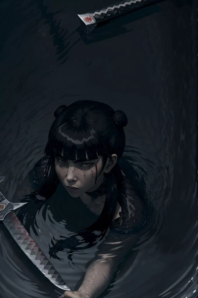 girl hiding in the water, assassin, menacing eyes, (knives:1.3), upperbody closeup, <lora:Mai:0.8>, long hair, blunt bangs, hair bun, twintails, double bun, sidelocks, (wielding knives), night, dark, moonlight, reflections, (underwater),
<lora:clothedbathing:0.3>, clothed bathing, girl floating above the water,
