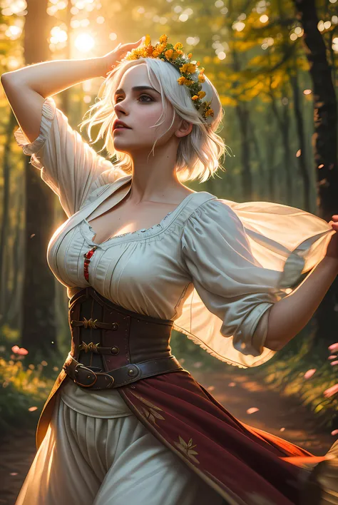 ciri from witcher, portrait, (dancing:1.3), in motion, (looking away:1.3) from viewer,  looking to the right, side profile,wearing traditional ukrainian clothes, flower crown on head, motion, blurred forest background, white short hair, art, painting, film grain, warm colors, sunset, sunlight
