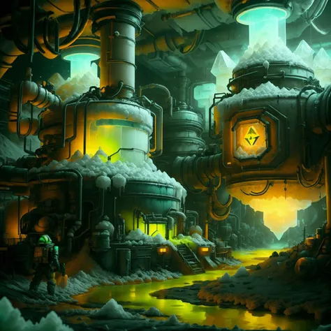 ToxicPunkAI,salttech,scifi mega corporation toxic salt mine, workers in hazmat suits,glowing vats of toxic salt, toxic salt rivers of glowing crystaline sludge <lora:SaltTech:0.8> <lora:ToxicPunkAI:0.6>