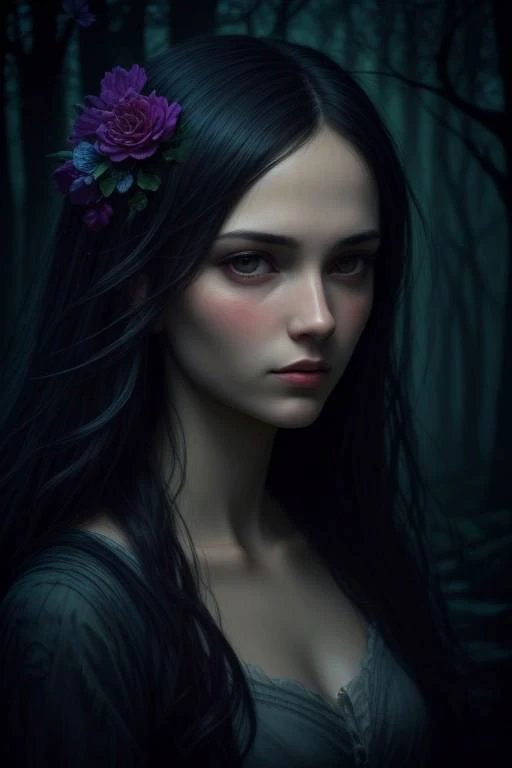 head and shoulders, 1girl, extremely vibrant colours, normal skin Highly detailed, left hand side water and white air magic/right hand side water and nature magic highly cinematic, close-up image of a deity of the four elements magic, perfect composition, dark colours, magical, flowing water, forest nature, lots of details, flowers metallic ink, beautifully lit, a fine art painting by drew struzan and karol bak, gothic art, dark and mysterious, ilya kuvshino
