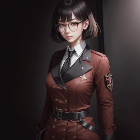 <lora:gfl-femcommander:1> black legwear, black necktie, collared shirt, griffin & kryuger military uniform, military uniform, necktie, red jacket, uniform, white shirt, long coat, asian, glasses, bob cut, blank expression, best quality, masterpiece, detailed, 8K, uhd, (extremely detailed CG unity 8k wallpaper),(masterpiece), (best quality), (ultra-detailed), (best illustration), detailed face, skin pores, detailed skin, detailed eyes, high quality eyes, good quality hands, high resolution, OverallDetail,