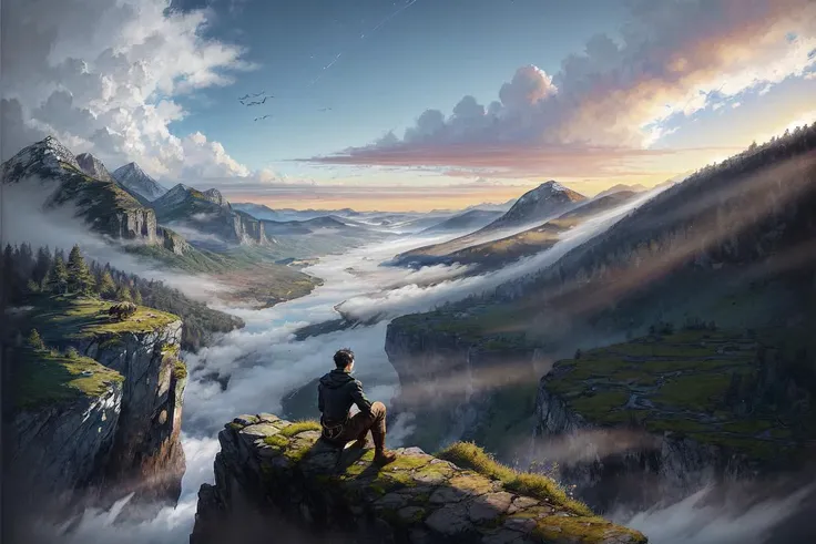 young man, sitting on a rocky cliff, looking away, sunset over wooded hills, forest, distant valley, birds in sky, clouds, fantasy art, short black hair, tan skin, traveling attire, dark green cape, waterskin, creek, rogue, medieval, legs dangling, view from behind, village in the far distance, <lora:more_details:.3>, tall leather boots, smoke trail over mountain, moss, (ferns:.7), black pants, thin fog, (light refracting off clouds:1.1), watercolor, painting, <lora:epi_noiseoffset2:.6>