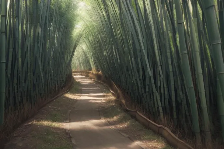 hyper realistic,(lifelike texture:1.2),dramatic lighting,(Nikon RAW photo:1.2),8k,(Fujifilm XT3:1.2),masterpiece,(best quality:1.2),realistic,
(photo \(object\):1.2),
,ultra detailed,,
(fence:0.9),(forest),grass,nature,(no_humans),outdoors,scenery,(blue sky),tree,(Through the bamboo forest Sunlight:0.9),(( Bright green bamboo forest:1.3)),(path in bamboo forest:1.2),(Dense bamboo forest:1.3),,
(A piece of green),(stone stairs:0.7),
The breeze gently shakes the bamboo forest,
(The details of the bamboo leaves are obvious:1.2),,ulzzang-6500-v1.1,FilmG,<lora:FilmG2:0.7>,