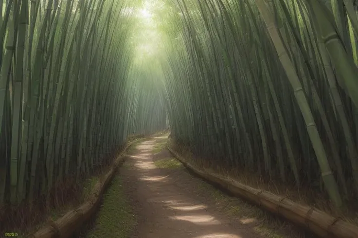hyper realistic,(lifelike texture:1.2),dramatic lighting,(Nikon RAW photo:1.2),8k,(Fujifilm XT3:1.2),masterpiece,(best quality:1.2),realistic,
(photo \(object\):1.2),
,ultra detailed,,
(fence:0.9),(forest),grass,nature,(no_humans),outdoors,scenery,(blue sky),tree,(Through the bamboo forest Sunlight:0.9),(( Bright green bamboo forest:1.3)),(path in bamboo forest:1.2),(Dense bamboo forest:1.3),,
(A piece of green),(stone stairs:0.7),
The breeze gently shakes the bamboo forest,
(The details of the bamboo leaves are obvious:1.2),, ulzzang-6500-v1.1, FilmG,