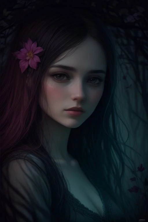 head and shoulders, 1girl, extremely vibrant colours, normal skin Highly detailed, left hand side water and white air magic/right hand side water and nature magic highly cinematic, close-up image of a deity of the four elements magic, perfect composition, dark colours, magical, flowing water, forest nature, lots of details, flowers metallic ink, beautifully lit, a fine art painting by drew struzan and karol bak, gothic art, dark and mysterious, ilya kuvshino