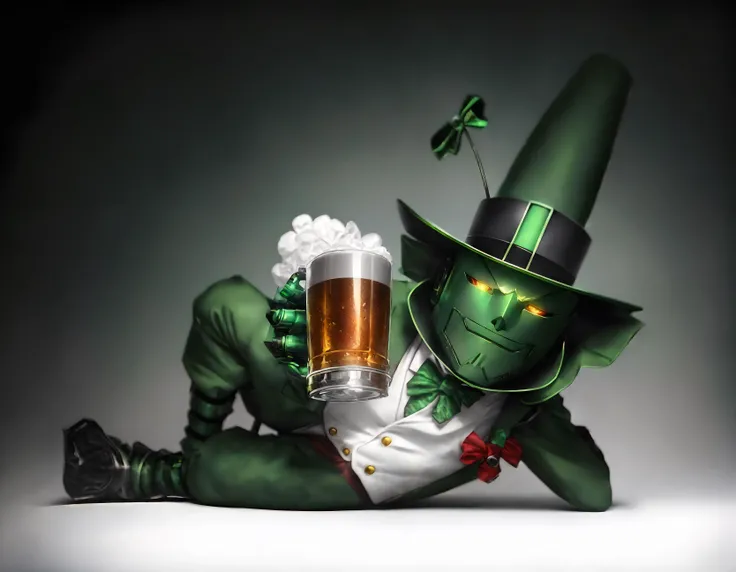 1 realistic sharp photo of a robot lying on his side, beer mug, green pants and jacket, brown plaid vest, bow tie, green eyes, red beard, full body, (wears green hat), male focus, red hair, pointed ears , simple background, smile, solo, top hat, white background, 4k, uhd, hdr