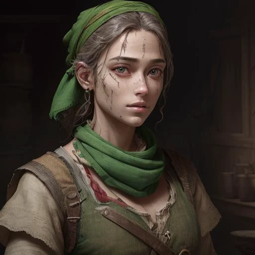 1female, green bandana, scar on head, <lora:commonersclothes2:1> commoners clothes, best quality, masterpiece, detailed, 8K, uhd, (extremely detailed CG unity 8k wallpaper),(masterpiece), (best quality), (ultra-detailed), (best illustration), detailed face, skin pores, detailed skin, detailed eyes, high quality eyes, good quality hands, high resolution,