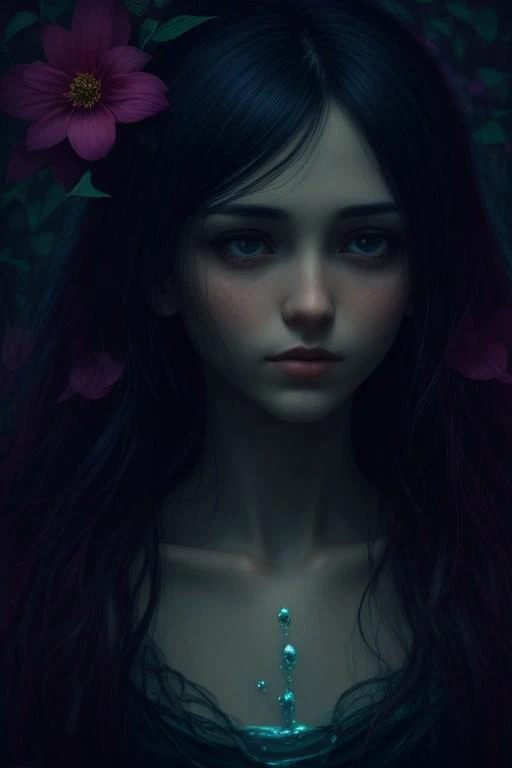 head and shoulders, 1girl, extremely vibrant colours, normal skin Highly detailed, left hand side water and white air magic/right hand side water and nature magic highly cinematic, close-up image of a deity of the four elements magic, perfect composition, dark colours, magical, flowing water, forest nature, lots of details, flowers metallic ink, beautifully lit, a fine art painting by drew struzan and karol bak, gothic art, dark and mysterious, ilya kuvshino