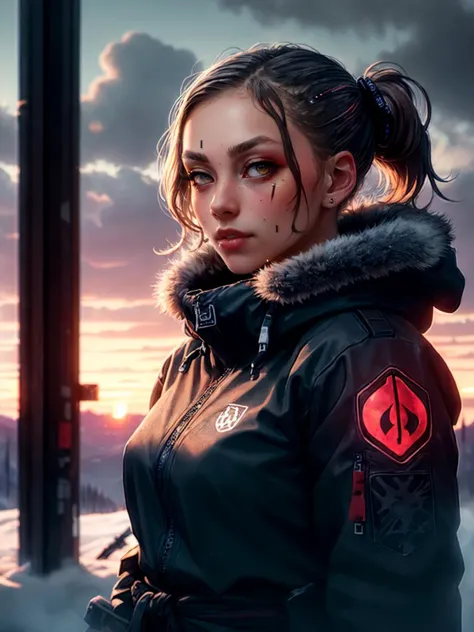 best quality, masterpiece, jp-j3c 1girl, portrait, solo, upper body, detailed background, detailed face, (<lora:ShinobiTech:0.6>, bulky metal, cyberpunk, neon lights, shinobi, shinobitech theme:1.1),purple winter warrior, (glowing eyes:1.05), stoic expression, reverence, dynamic pose, furs, snowflake emblem, surrounded by magical glow, ice crystals, arctic winter, cold steel, snowy background, icy reflections, in background blizzard, cinematic atmosphere, <lora:detail_slider_v4:2