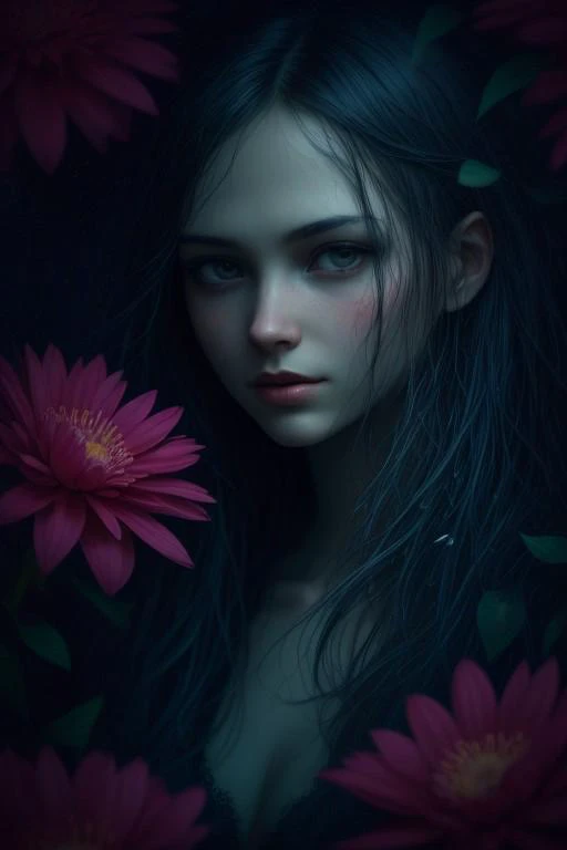 head and shoulders, 1girl, extremely vibrant colours, normal skin Highly detailed, left hand side water and white air magic/right hand side water and nature magic highly cinematic, close-up image of a deity of the four elements magic, perfect composition, dark colours, magical, flowing water, forest nature, lots of details, flowers metallic ink, beautifully lit, a fine art painting by drew struzan and karol bak, gothic art, dark and mysterious, ilya kuvshino