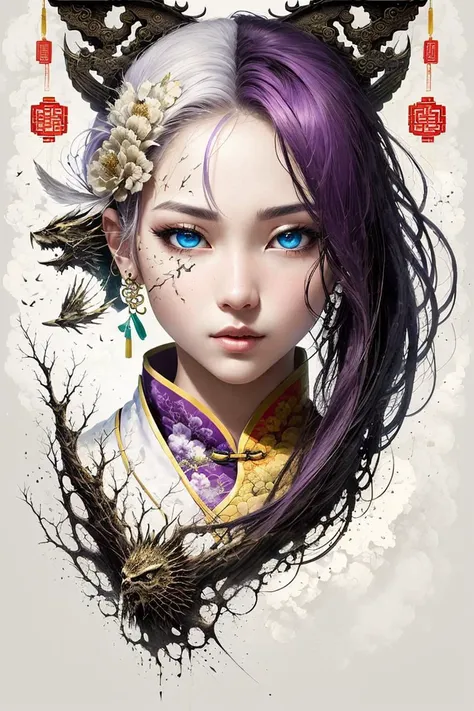 (fantasy art style:1.3), masterpiece, best quality, 1girl, aggression, Stunningly beautiful woman, (beautiful Face:1.3), (chinese clothes:1.4), (white clothes:1.3), purple hair, blue eyes, <lora:2shotStyle_v10:.9>