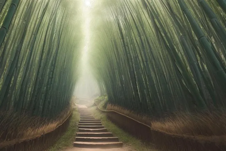 hyper realistic,(lifelike texture:1.2),dramatic lighting,(Nikon RAW photo:1.2),8k,(Fujifilm XT3:1.2),masterpiece,(best quality:1.2),realistic,
(photo \(object\):1.2),
,ultra detailed,,
(fence:0.9),(forest),grass,nature,(no_humans),outdoors,scenery,(blue sky),tree,(Through the bamboo forest Sunlight:0.9),(( Bright green bamboo forest:1.3)),(path in bamboo forest:1.2),(Dense bamboo forest:1.3),,
(A piece of green),(stone stairs:0.7),
The breeze gently shakes the bamboo forest,
(The details of the bamboo leaves are obvious:1.2),, ulzzang-6500-v1.1, FilmG,