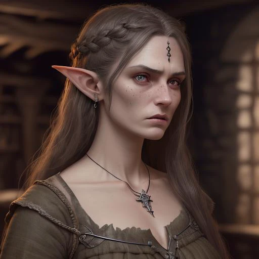 dungeon asylum orderly, angry expression, <lora:commonersclothes2:1> commoners clothes, long hair, elf, female, pendent around neck, , best quality, masterpiece, detailed, 8K, uhd, (extremely detailed CG unity 8k wallpaper),(masterpiece), (best quality), (ultra-detailed), (best illustration), detailed face, skin pores, detailed skin, detailed eyes, high quality eyes, good quality hands, high resolution, OverallDetail,