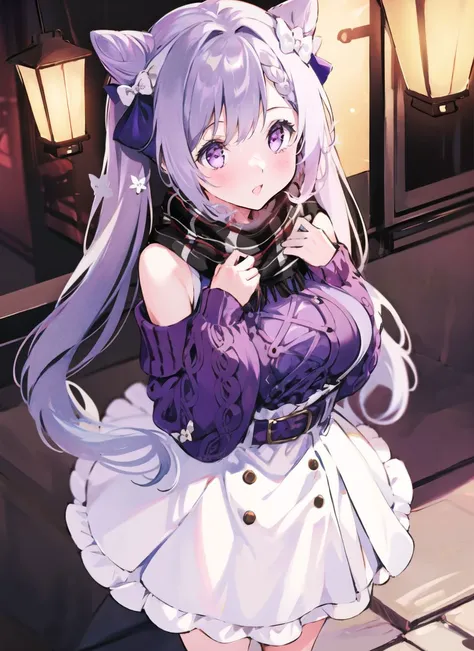 1girl, from above, standing, looking at viewer, full body,
<lora:keqingGenshinImpact3in1_v10:1:MIDD>keqing (lantern rite) (genshin impact), keqing (genshin impact),
hair bun, skirt, scarf, purple sweater, white skirt, purple hair, sweater, twintails, purple eyes, diamond-shaped pupils, hair ornament, bare shoulders,
breasts, cone hair bun, long hair, belt, double bun, long sleeves, bangs, bow, hair flower, hair bow,ribbon, hair ribbon, braid, plaid scarf, plaid, off shoulder
<lora:add_detail:0> <lora:meryArtStyleLora_v10:1:OUT8>