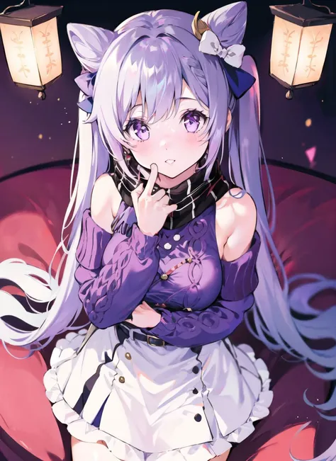 1girl, from above, standing, looking at viewer, full body,
<lora:keqingGenshinImpact3in1_v10:1:MIDD>keqing (lantern rite) (genshin impact), keqing (genshin impact),
hair bun, skirt, scarf, purple sweater, white skirt, purple hair, sweater, twintails, purple eyes, diamond-shaped pupils, hair ornament, bare shoulders,
breasts, cone hair bun, long hair, belt, double bun, long sleeves, bangs, bow, hair flower, hair bow,ribbon, hair ribbon, braid, plaid scarf, plaid, off shoulder
<lora:add_detail:0> <lora:meryArtStyleLora_v10:1:OUT8>