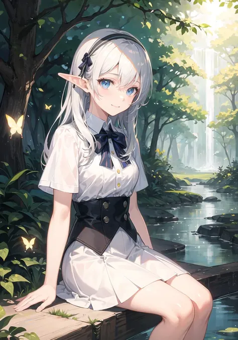 ((masterpiece)), expressionless, (((best quality))), ((illustration)), 
1girl, elf, ((solo)), (detailed face), (beautiful detailed eyes), light eyes, blue eyes, ((disheveled hair)), silver hair, full body,
smile, blank stare, sitting, ((looking to the side)), 
bow tie hair band, white transparent long skirt, noble, mysterious, 
bright background, in forest, nature, sunshines through the leaves, butterfly, river, close-up,