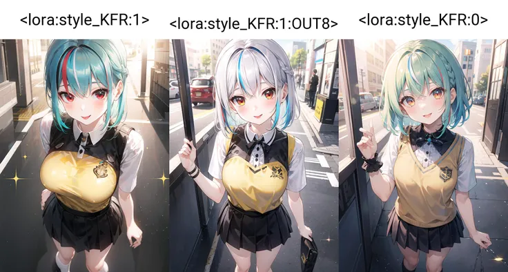 kawaii 1girl, (skindantation)
from infront ,
from above
red eyes,
deep green hair,
short hair ,
french braid,
streaked hair ,
crossed bangs,
hair flaps ,
:p,
,
head_tilt standing
bright yellow amber shirt, black vest hazel pleated skirt slouch socks dress shoes
City Shibuya Harajuku 109 sunlight, depth of field, strong light coming in light rays light sparkles lens flare
arm support <lora:style_KFR:1>