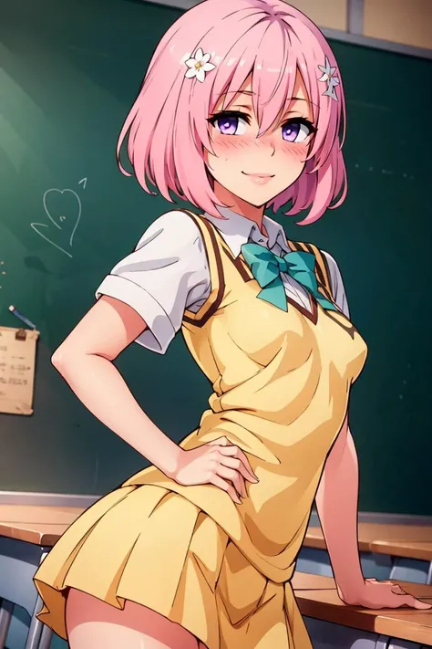 ((masterpiece,best quality)), 1girl, momo velia deviluke, hair ornament, bob cut, short hair pink hair, purple eyes, medium breasts, yellow school uniform, looking at viewer, classroom, (blush:1.2), smile, <lora:Kizuki - To Love Ru - Momo Velia Deviluke:0.8>, cowboy shot,